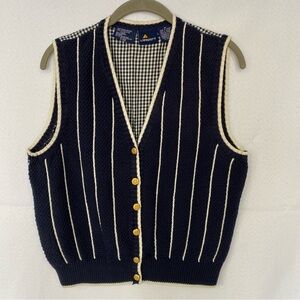 1980’s Liz Sport Knit Sweater Vest Navy Blue White Stripes Gold Buttons Sz Med
